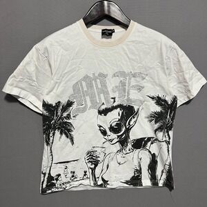 Mixed Emotion Alien Beach Rhinestone Gothic Graphic T-Shirt White Mens Medium